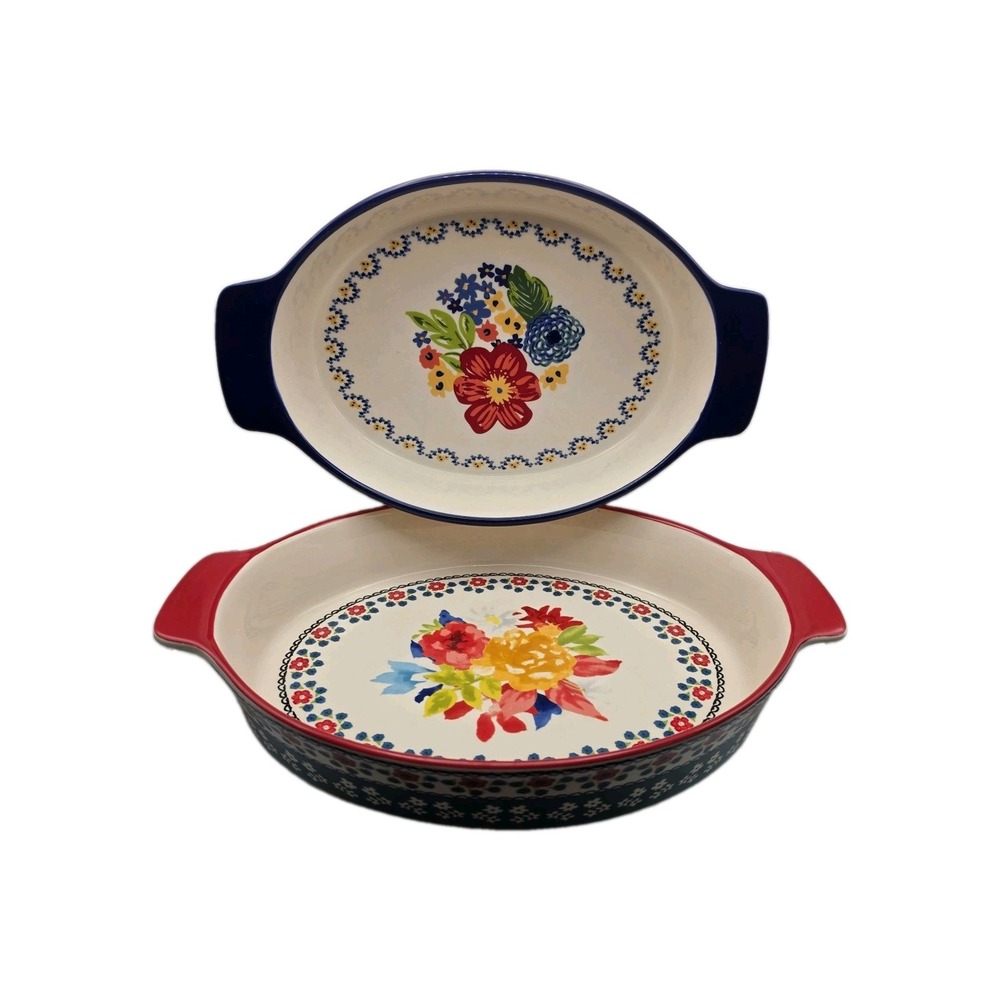 The Pioneer Woman Baking Dishes Fiona Floral Oval Casserole W/ Handles Lot Of 2